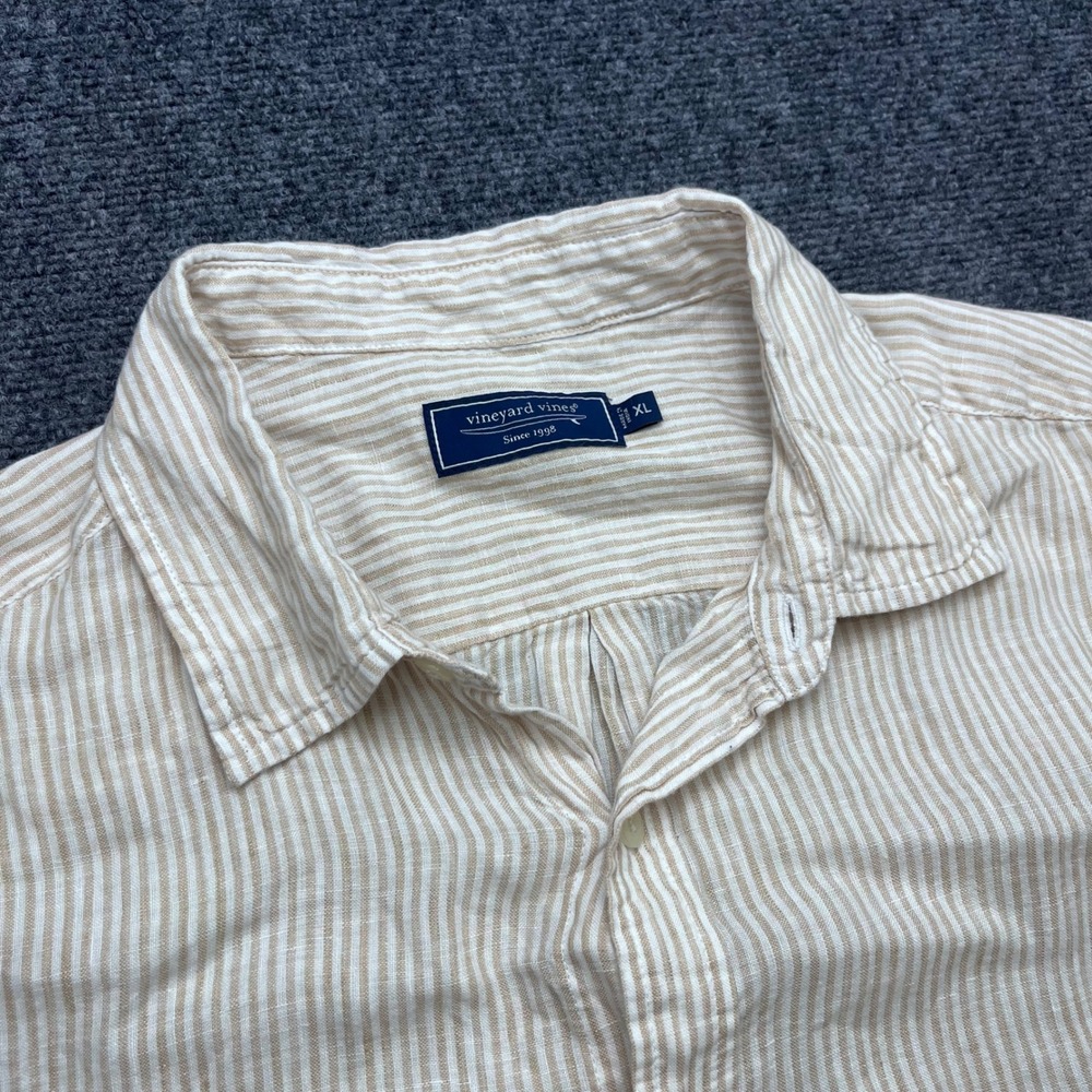 Vineyard Vines Linen Short Sleeve Striped Tan White Button Down Shirt